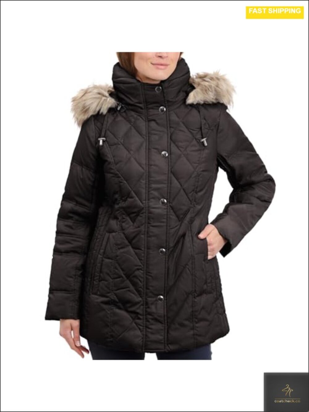 Women's Quilted Down Coat Detachable Hood Faux Fur Trim Long Sleeve Zip